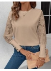 Kadın Uzun Kollu Bisiklet Yaka Kolları çiçekli Waffle Bluz