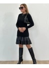 Kadın Uzun Kollu Bisiklet Yaka üst Viskon Etek Ucu Deri Kısa Elbise