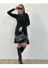 Kadın Uzun Kollu Bisiklet Yaka üst Viskon Etek Ucu Deri Kısa Elbise