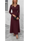Kadın Uzun Kollu Dalgalı V Yakalı Dantelli Uzun Janjan Krep Elbise