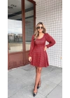 Kadın Uzun Kollu Kare Kalp Yakalı Mini Modal Elbise