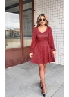 Kadın Uzun Kollu Kare Kalp Yakalı Mini Modal Elbise