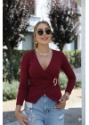 Kadın Uzun Kollu Kruvaze Yakalı Toka Detaylı Viskon Bluz