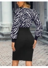 Kadın Uzun Kollu Kruvaze Yakalı Zebra Desenli Kısa Krep Elbise