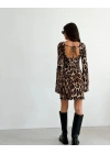 Kadın Uzun Kollu Sırtı Açık Bağlamalı Leopar Desenli Kısa Dalgıç Elbise