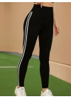 Kadın Yüksek Bel Yanları şerit Detaylı Uzun Sporcu Tayt