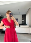 Kadınn V Yaka Düğme Detay Kuşak Dahil Elbise