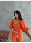KETEN CROP KARPUZ KOL BLUZ-PANTOLON HASIR KEMERLİ - Orange