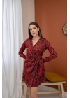 Kırmızı Leopar Desenli Saten Elbise