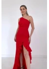 Kırmızı Yırtmaçlı Volanlı Elbise