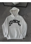 Kışlık Kapşonlu Baskılı Oversize SweatShirt- Beyaz