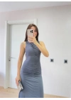Kolsuz Büzgülü Uzun Elbise - Füme
