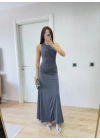 Kolsuz Büzgülü Uzun Elbise - Füme
