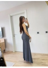 Kolsuz Büzgülü Uzun Elbise - Füme