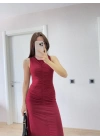 Kolsuz Büzgülü Uzun Elbise - Kırmızı