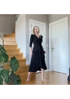 Krep Kumaş Midi Boy Kuşaklı Uzunkol Elbise 113 Cm