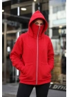Maskeli Ninja Model Çift Kapüşonlu 3 İplik Şardonlu Fermuarlı Oversize Sweatshirt - Kırmızı