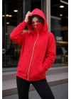 Maskeli Ninja Model Çift Kapüşonlu 3 İplik Şardonlu Fermuarlı Oversize Sweatshirt - Kırmızı