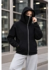 Maskeli Ninja Model Çift Kapüşonlu 3 İplik Şardonlu Fermuarlı Oversize Sweatshirt - Siyah
