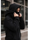 Maskeli Ninja Model Çift Kapüşonlu 3 İplik Şardonlu Fermuarlı Oversize Sweatshirt - Siyah