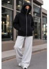 Maskeli Ninja Model Çift Kapüşonlu 3 İplik Şardonlu Fermuarlı Oversize Sweatshirt - Siyah