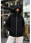 Maskeli Ninja Model Çift Kapüşonlu 3 İplik Şardonlu Fermuarlı Oversize Sweatshirt - Siyah