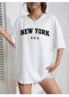 New York Baskılı Oversize Bisiklet Yaka T-shirt - Beyaz