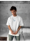 Ön Ve Arka Baskılı Oversize Bisiklet Yaka T-shirt- Beyaz