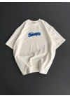 Ön Ve Arka Baskılı Oversize Bisiklet Yaka T-shirt- Beyaz