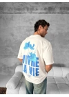 Ön Ve Arka Baskılı Oversize Bisiklet Yaka T-shirt- Beyaz