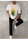 Ön Ve Arka Baskılı Oversize Bisiklet Yaka T-shirt- Beyaz