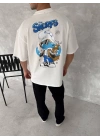 Ön Ve Arka Baskılı Oversize Bisiklet Yaka T-shirt- Beyaz