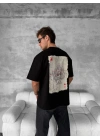 Ön Ve Arka Baskılı Oversize Bisiklet Yaka T-shirt - Siyah