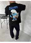 Ön Ve Arka Baskılı Oversize Bisiklet Yaka T-shirt- Siyah