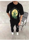 Ön Ve Arka Baskılı Oversize Bisiklet Yaka T-shirt- Siyah