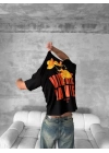 Ön Ve Arka Baskılı Oversize Bisiklet Yaka T-shirt- Siyah