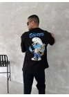 Ön Ve Arka Baskılı Oversize Bisiklet Yaka T-shirt- Siyah