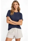 Osy Modal Yumuşak Dokulu Kumaş Bisiklet Yaka T-shirt - İndigo