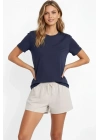 Osy Modal Yumuşak Dokulu Kumaş Bisiklet Yaka T-shirt - İndigo
