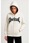 Oversize Kapüşonlu Sweatshirt Hoodie 3 İplik Şardonlu Pamuklu Kumaş, Önü Baskılı, Fermuarlı Rahat Kalıp, Kışlık Ve Sokak Stili Sweat - Beyaz
