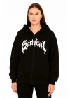 Oversize Kapüşonlu Sweatshirt  Hoodie 3 İplik Şardonlu Pamuklu Kumaş, Önü Baskılı, Fermuarlı Rahat Kalıp, Kışlık Ve Sokak Stili Sweat - Siyah