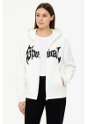 Oversize Kapüşonlu Sweatshirt Hoodie 3 İplik Şardonlu Pamuklu Kumaş, Önü Baskılı, Fermuarlı Rahat Kalıp, Kışlık Ve Sokak Stili Sweat - Beyaz