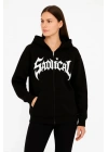 Oversize Kapüşonlu Sweatshirt  Hoodie 3 İplik Şardonlu Pamuklu Kumaş, Önü Baskılı, Fermuarlı Rahat Kalıp, Kışlık Ve Sokak Stili Sweat - Siyah