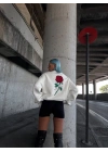 Oversize Üç İplik Bisiklet Yaka Baskılı SweatShirt - Beyaz