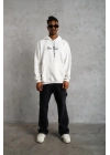 Oversize Üç İplik Şardonlu Kapüşonlu Sweatshirt – Beyaz “Other Lives” Ön Ve Arka Baskılı, Kanguru Cepli, Ribanalı Rahat Kışlık Model Beyaz