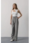 Pileli Bağcıklı Oversize Pantolon - Gri