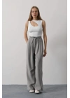 Pileli Bağcıklı Oversize Pantolon - Gri