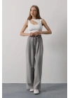 Pileli Bağcıklı Oversize Pantolon - Gri
