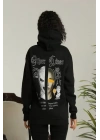 Sırt Baskılı Oversize Üç İplik Kapüşonlu Sweatshirt - Siyah
