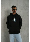 Siyah Oversize Hoodie - Sırt Baskılı Survivor Penguin Temalı, Felsefi Yazılı Kapüşonlu Sweatshirt - Siyah